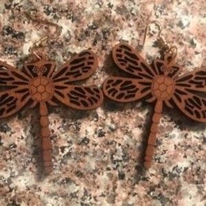 Large Wooden Carved Dragonfly Earrings With Gold Hooks